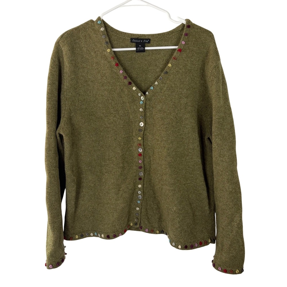 Eagle's Eye Womens XL Wool Cardigan Sweater Olive Green Colorful Dot Trim